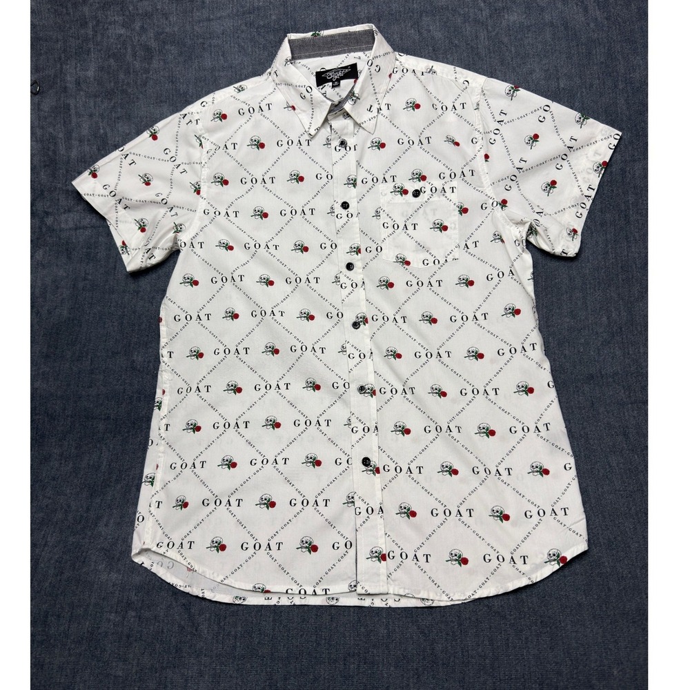 Eighty Eight Button Down Shirt Mens Medium White Cotton Skull Rose GOAT Print